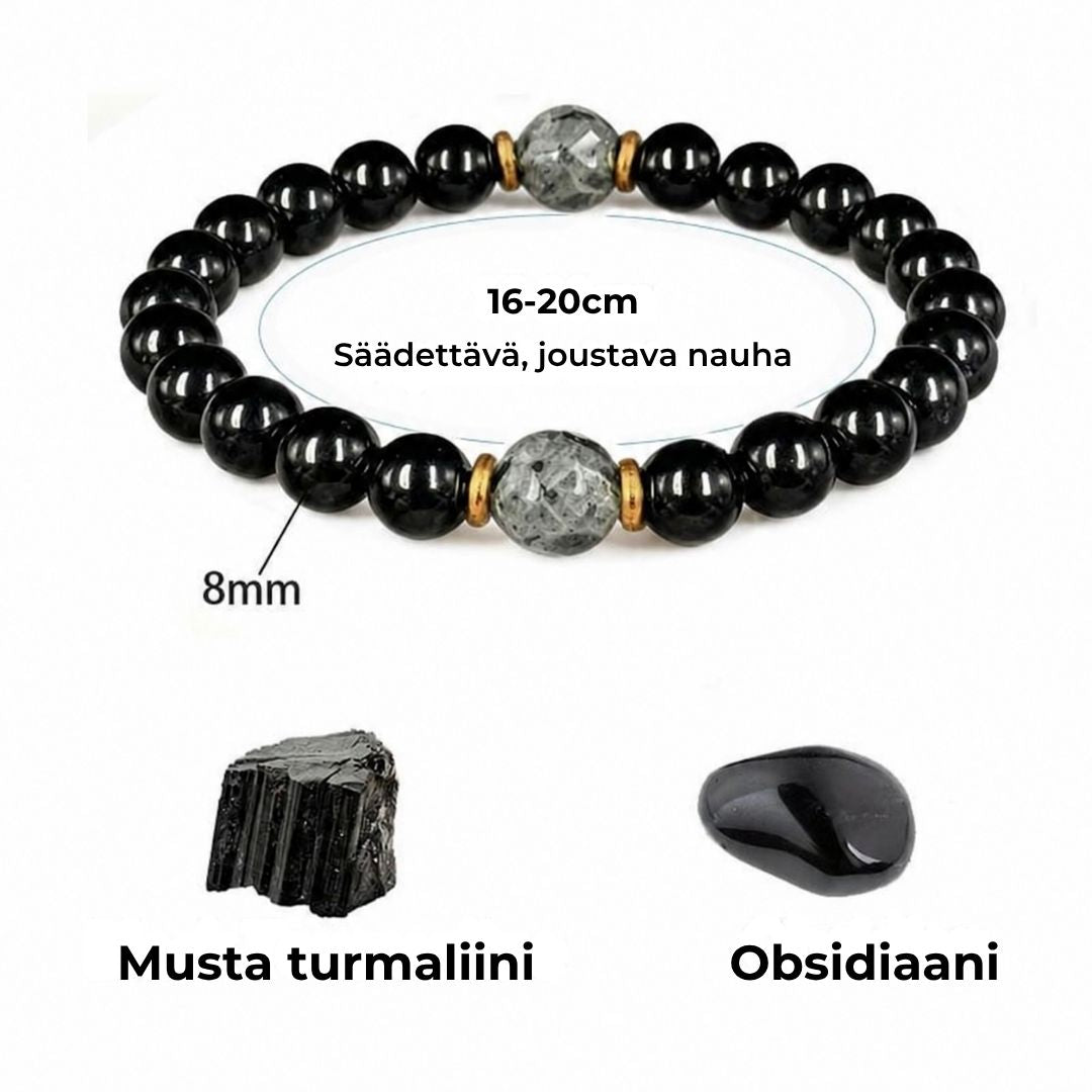 Aito suojarannekoru obsidiaanista ja turmaliinista