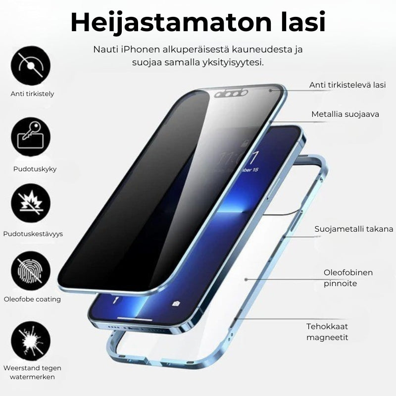 Kaksipuolinen iPhone-magneettikotelo – karkaistua lasia, täysi suoja