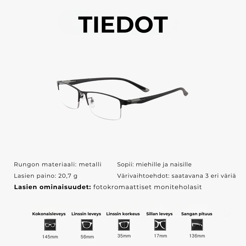 Monitehoiset fotokromaattiset lukulasit – ultrakevyet metalliset puolikehykset