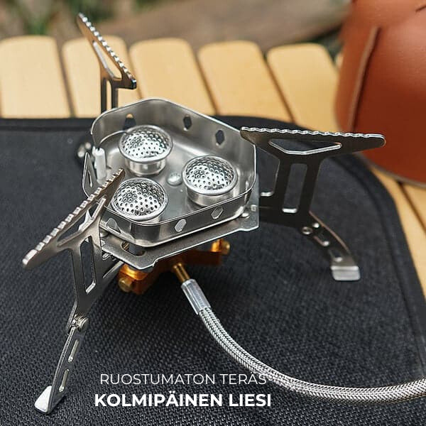 Tuulenkestävä kaasupoltin retkeilyyn ja ulkoiluun