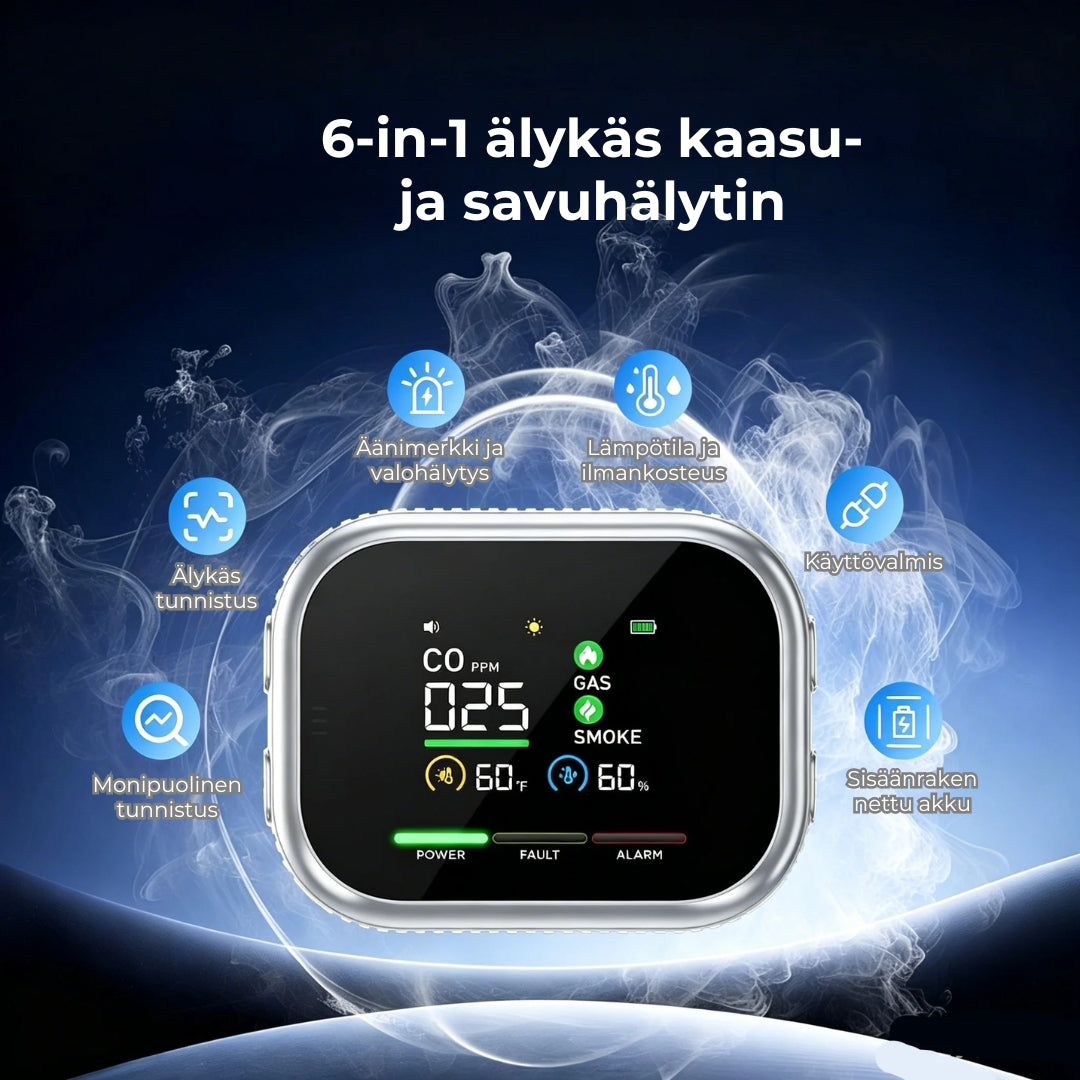 6-in-1-kaasu- ja savuhälytin – Tunnistaa jopa 12 kaasua