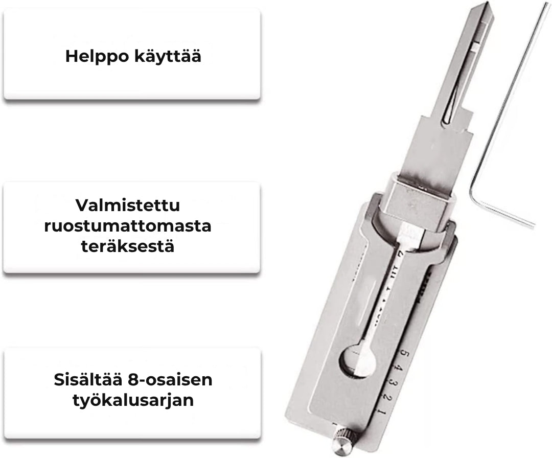 Ruostumattomasta teräksestä valmistettu avainlukija ja tiirikka