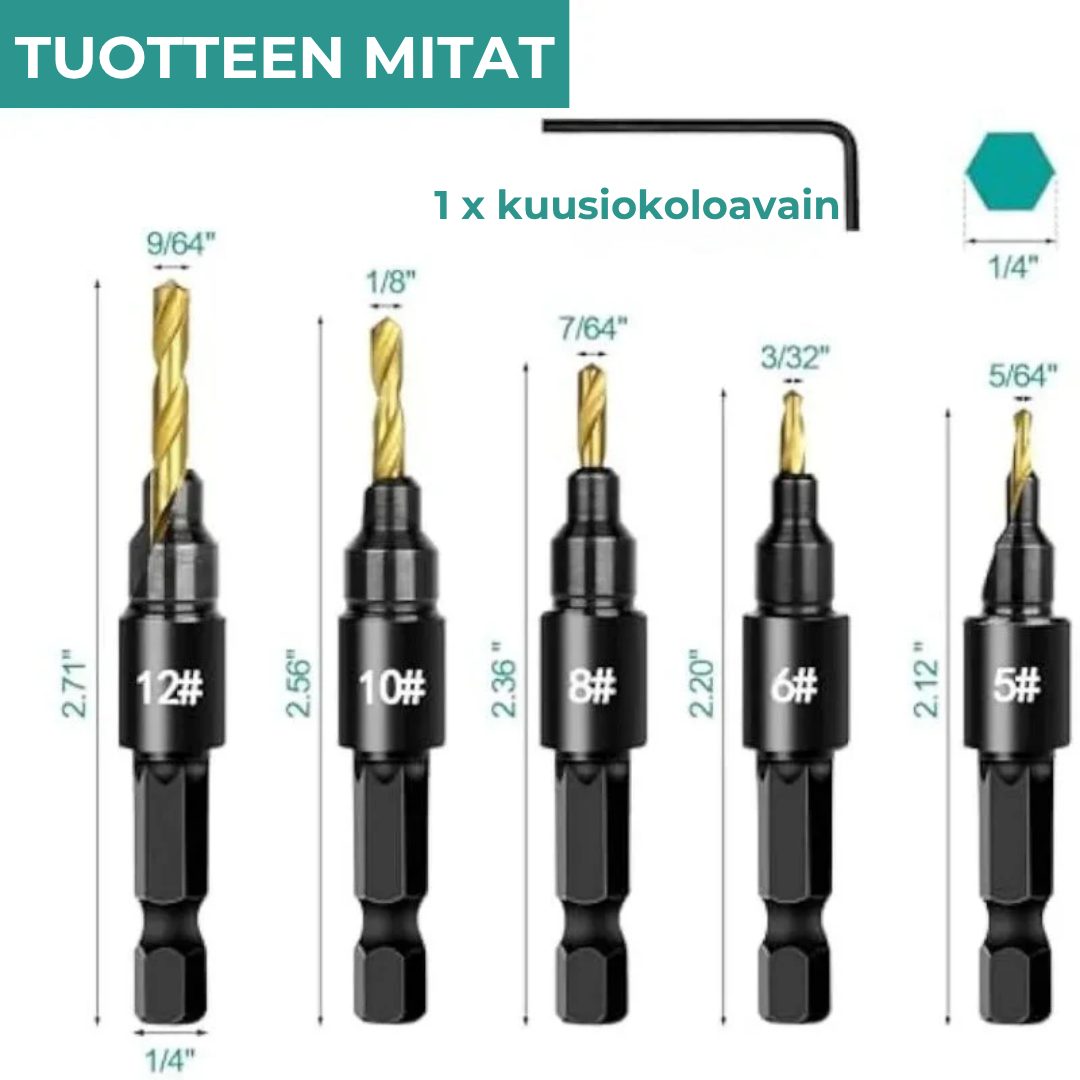 5-osainen titaanipinnoitettu HSS-puuporanteräsarja