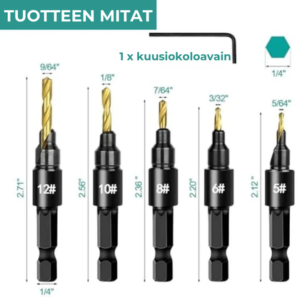 5-osainen titaanipinnoitettu HSS-puuporanteräsarja