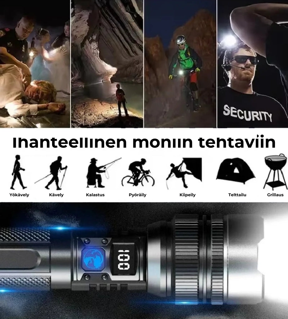 StormBeam teleskooppinen taskulamppu ja varavirtalähde