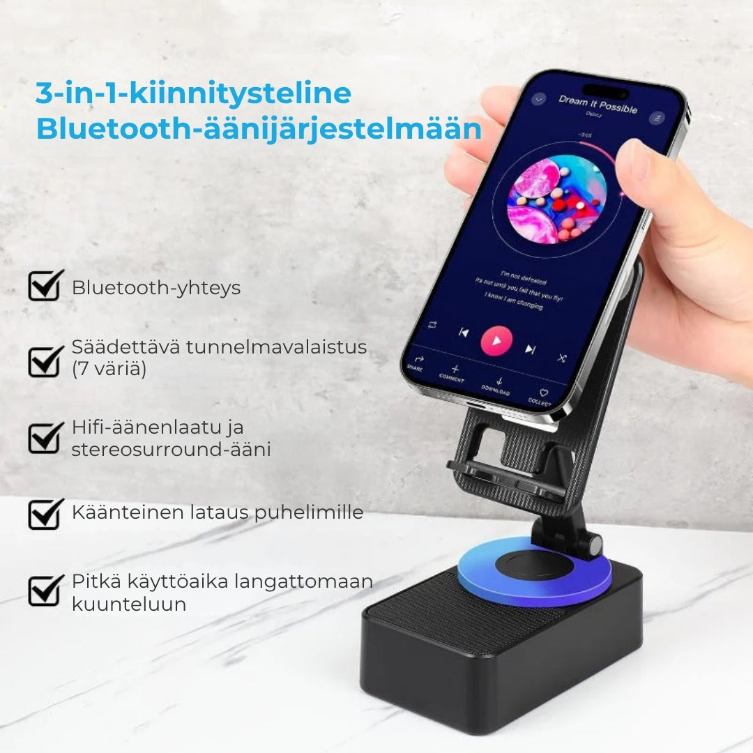 3-in-1 taitettava kaiutinteline sisäänrakennetulla varavirtalähteellä
