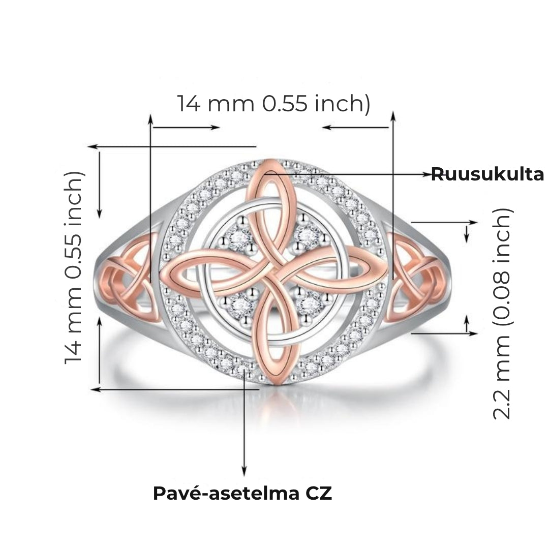 Ruusukultainen noitasolmusormus zirkonioilla