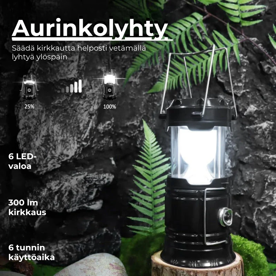 Aurinko- ja USB-ladattava retkilyhty ja taskulamppu