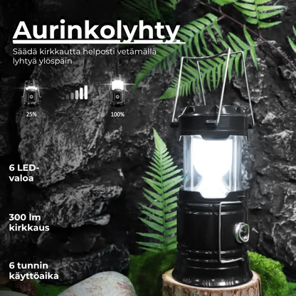 Aurinko- ja USB-ladattava retkilyhty ja taskulamppu