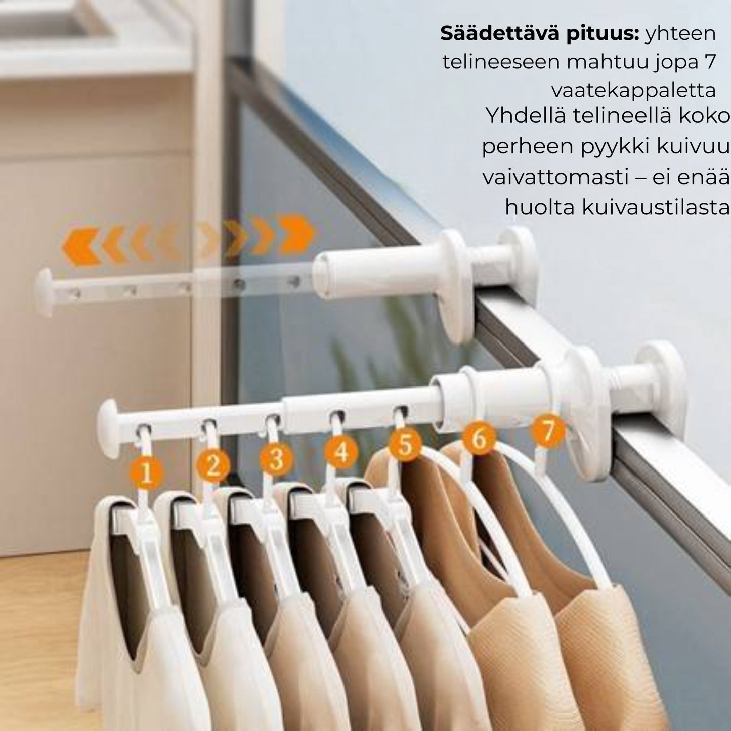 Teleskooppinen, ulosvedettävä kuivausteline