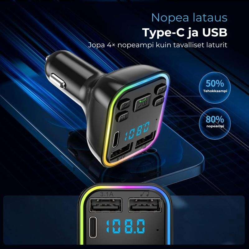 Bluetooth FM -lähetin autoon – pikalaturi ja handsfree
