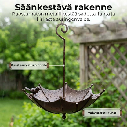 Ripustettava sateenvarjon muotoinen lintujen ruokinta-astia