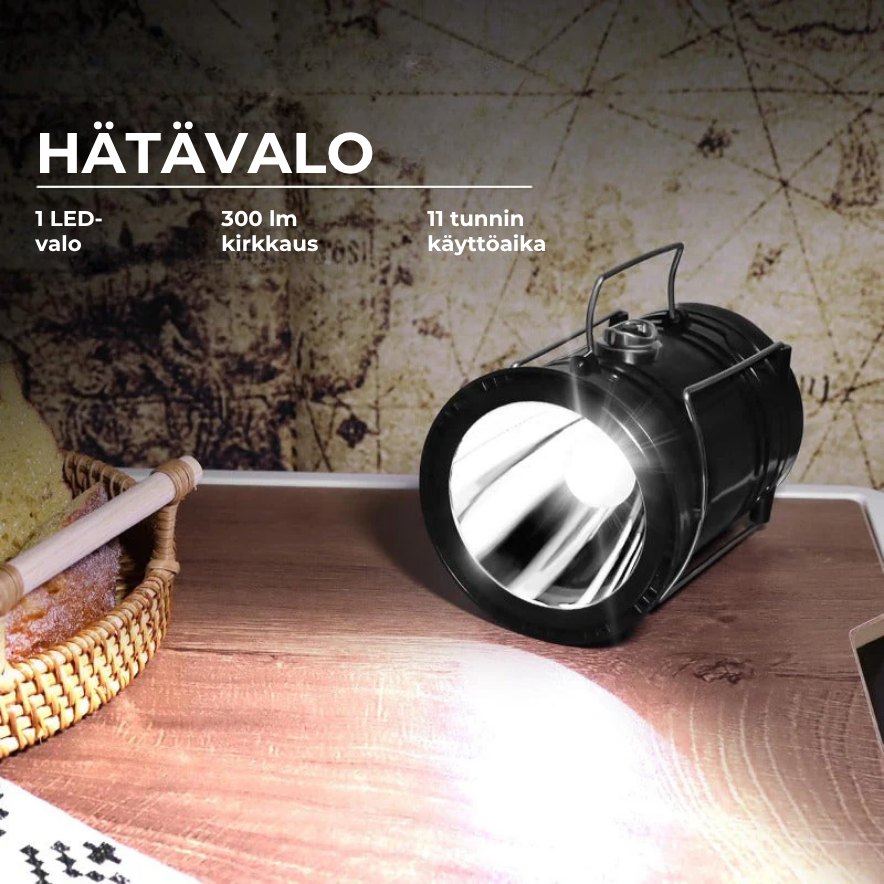 Aurinko- ja USB-ladattava retkilyhty ja taskulamppu