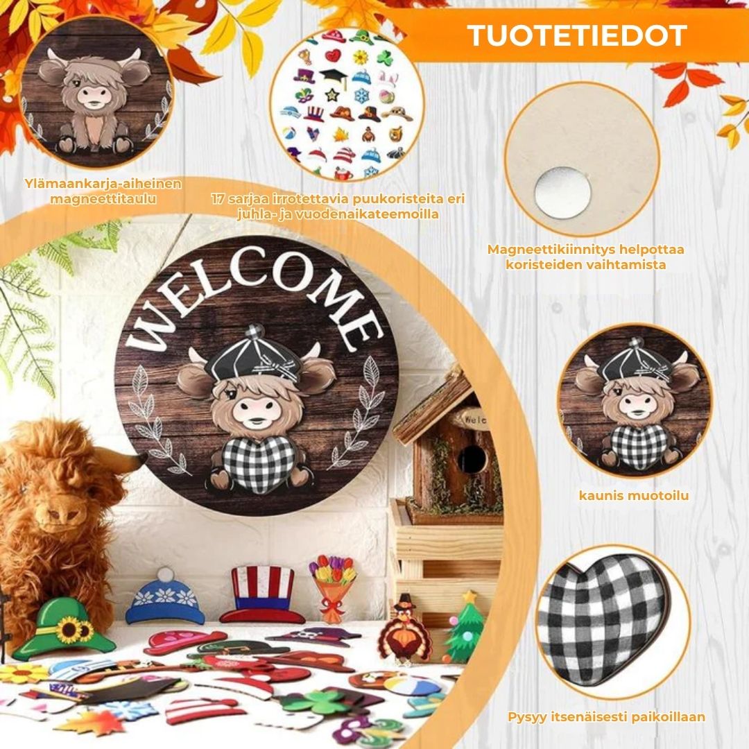 Ylämaankarjaa esittävä tervetulokyltti