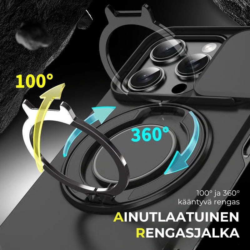 iPhone-suojakuori liukuvalla kamerasuojalla ja kääntyvällä rengastelineellä