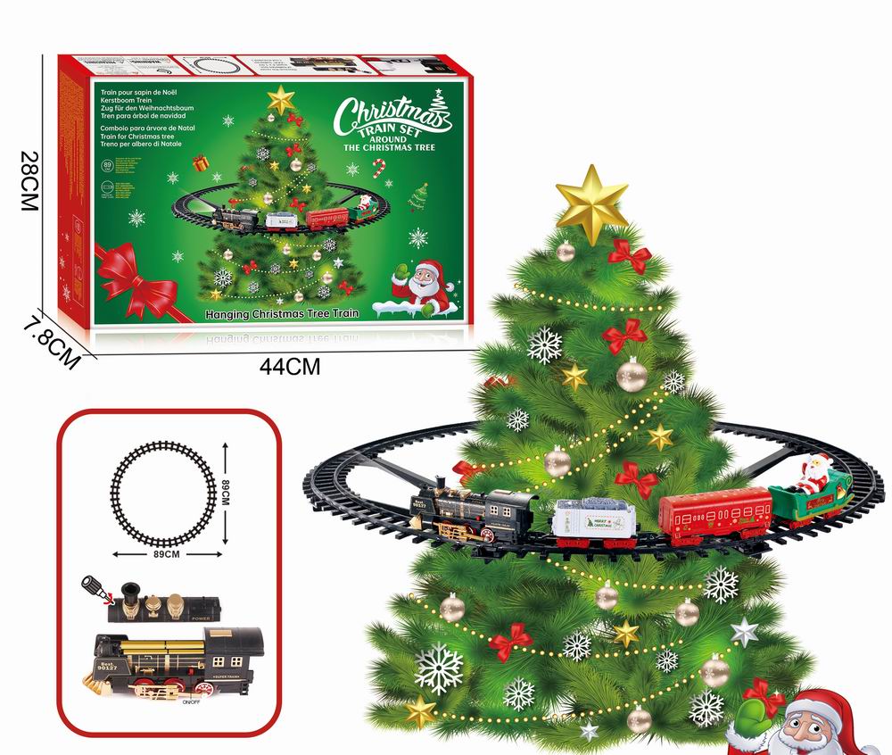 Joulukuusijuna – veturi ja 3 vaunua rautatiekiskoilla