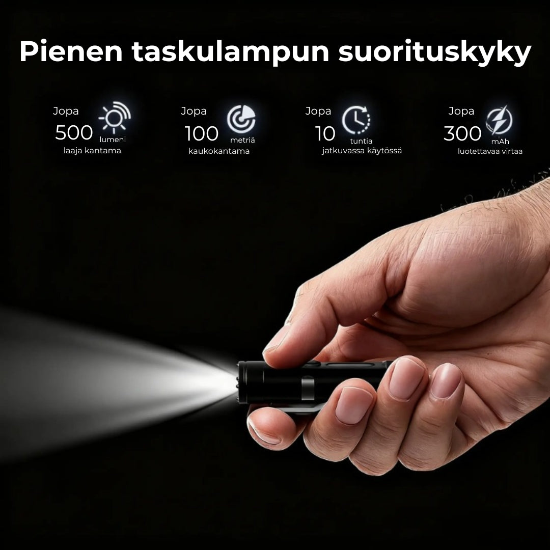 Tehokas mini-taskulamppu avaimenperään magneettijalustalla