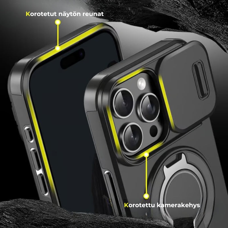 iPhone-suojakuori liukuvalla kamerasuojalla ja kääntyvällä rengastelineellä