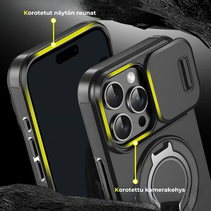 iPhone-suojakuori liukuvalla kamerasuojalla ja kääntyvällä rengastelineellä