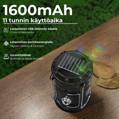Aurinko- ja USB-ladattava retkilyhty ja taskulamppu