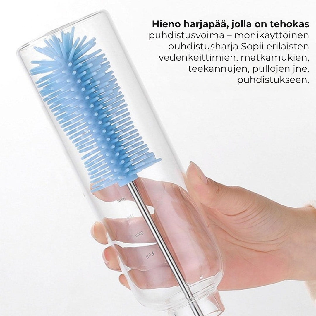 Pyörivä silikoninen pullo- ja lasiharja