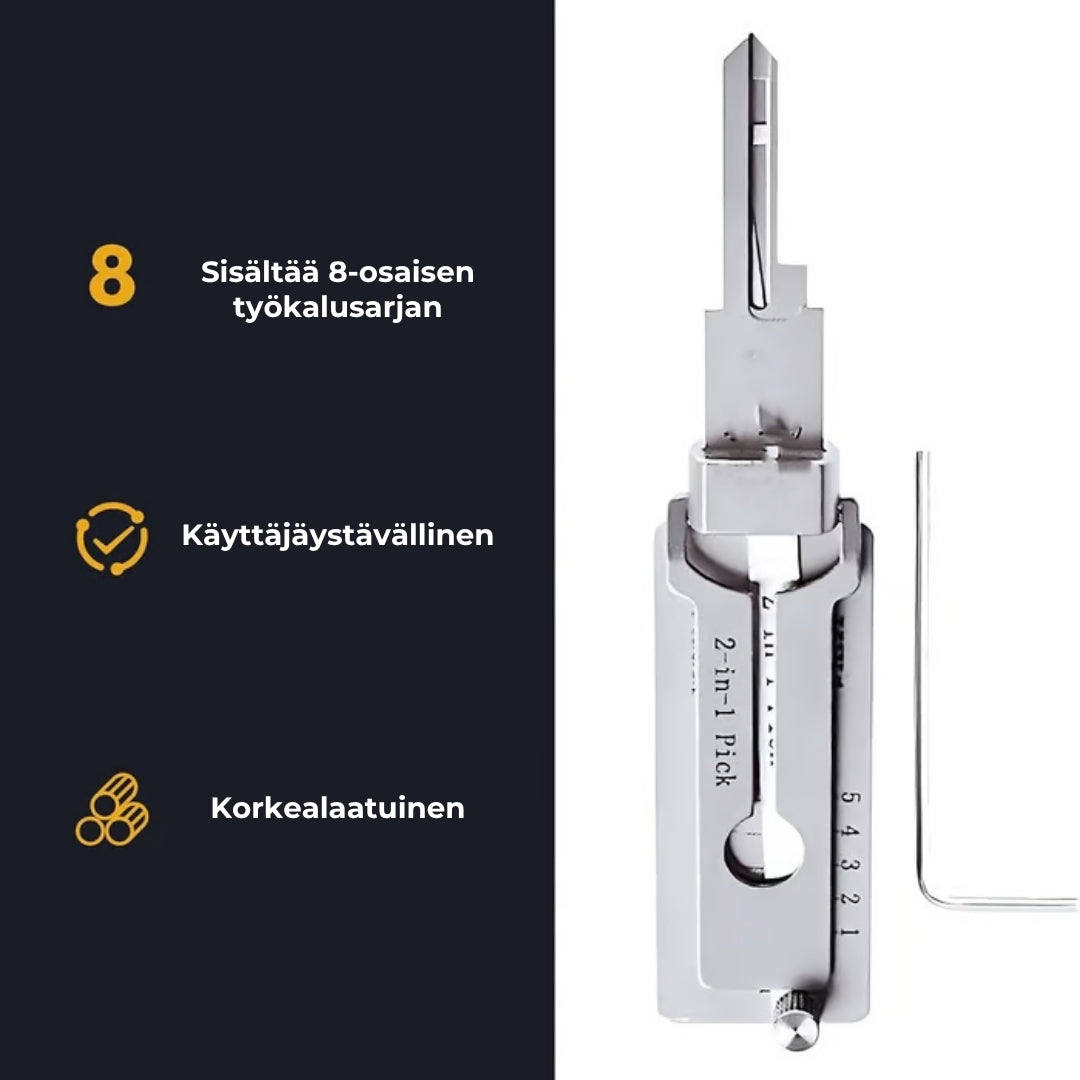 Ruostumattomasta teräksestä valmistettu avainlukija ja tiirikka
