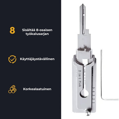 Ruostumattomasta teräksestä valmistettu avainlukija ja tiirikka