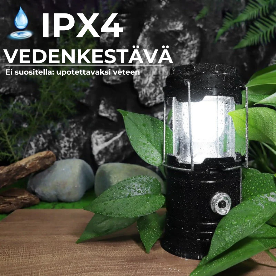 Aurinko- ja USB-ladattava retkilyhty ja taskulamppu