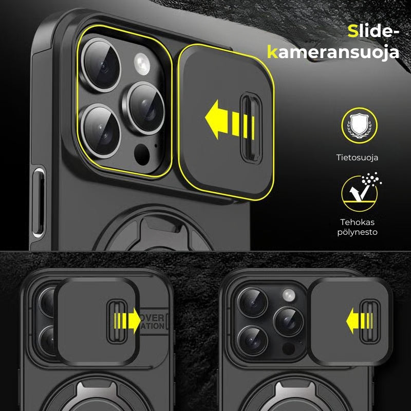 iPhone-suojakuori liukuvalla kamerasuojalla ja kääntyvällä rengastelineellä