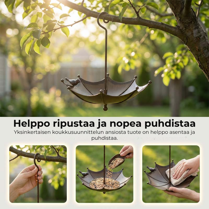 Ripustettava sateenvarjon muotoinen lintujen ruokinta-astia