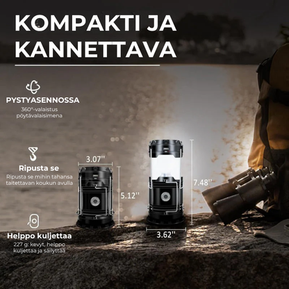 Aurinko- ja USB-ladattava retkilyhty ja taskulamppu