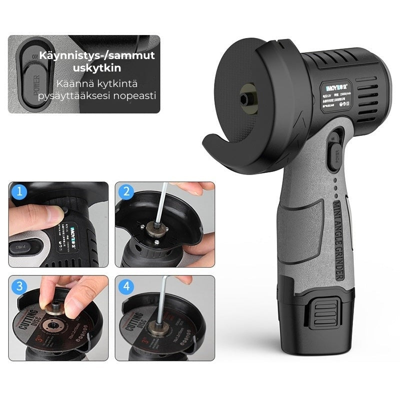 Mini-kulmahiomakone, 12 V läpihiontalaikalla