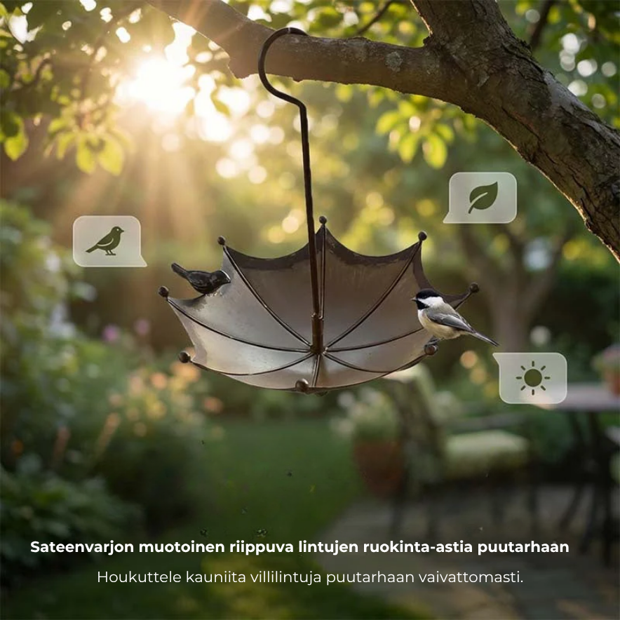 Ripustettava sateenvarjon muotoinen lintujen ruokinta-astia