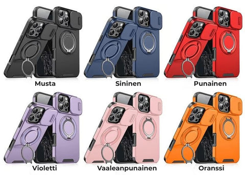 iPhone-suojakuori liukuvalla kamerasuojalla ja kääntyvällä rengastelineellä