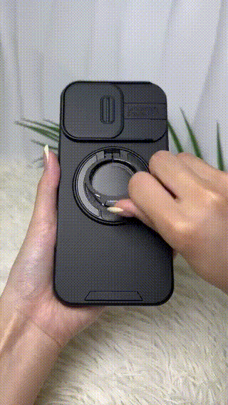 iPhone-suojakuori liukuvalla kamerasuojalla ja kääntyvällä rengastelineellä