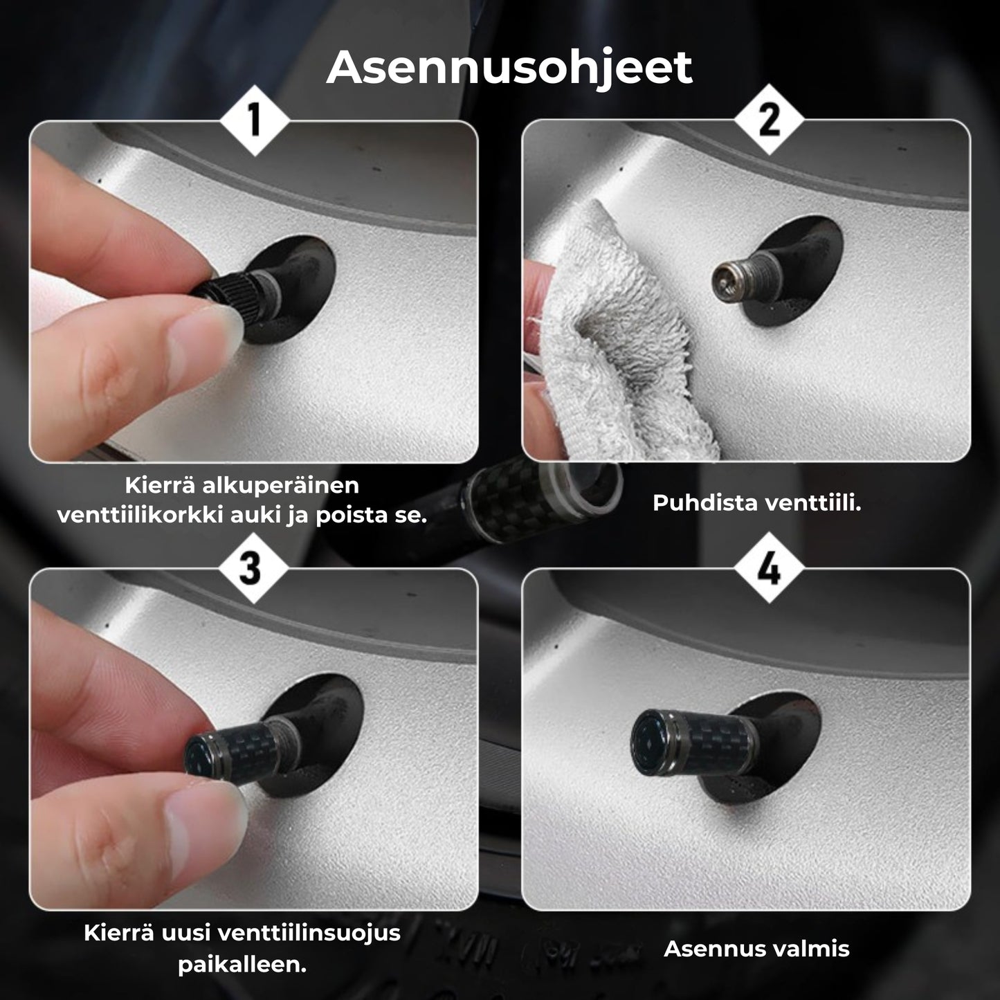 Hiilikuituiset venttiilikorkit renkaisiin