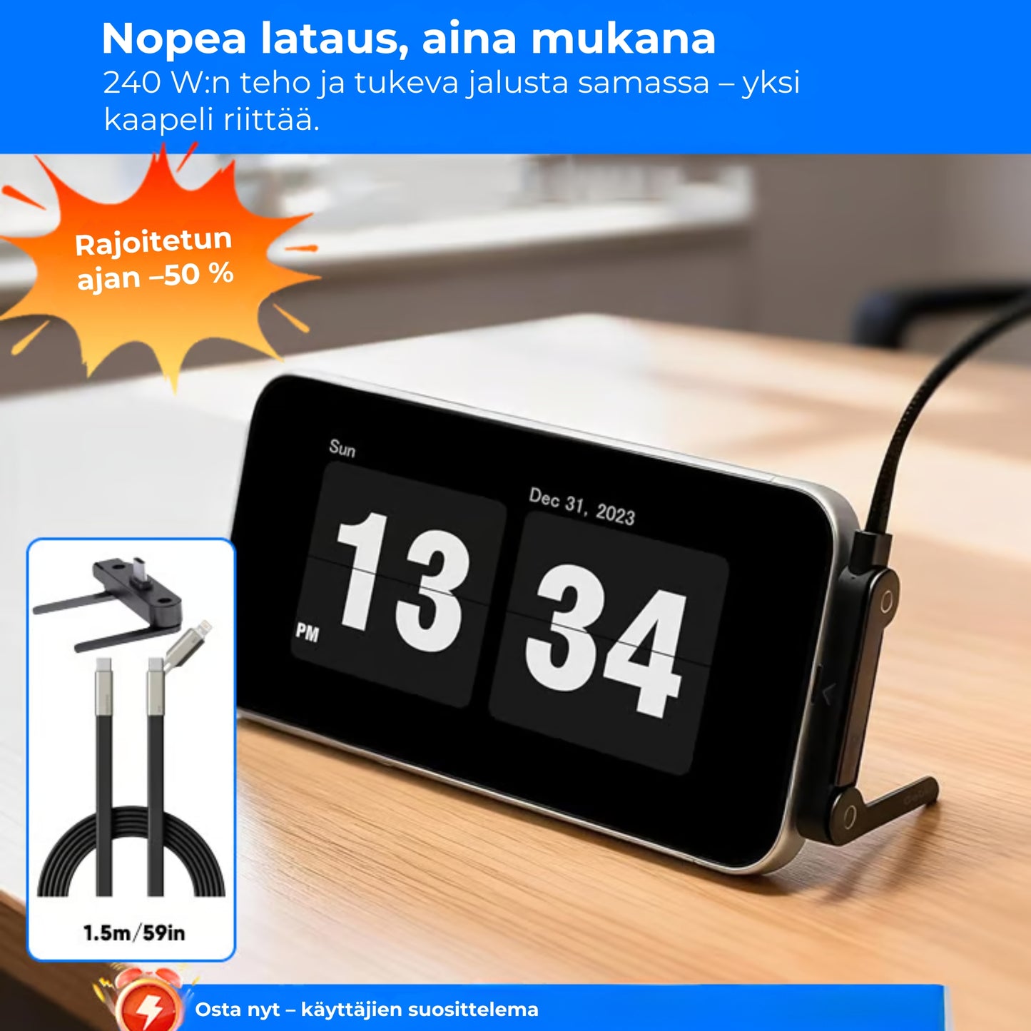 240 W:n pikalatauskaapeli 360° kääntyvällä telineellä