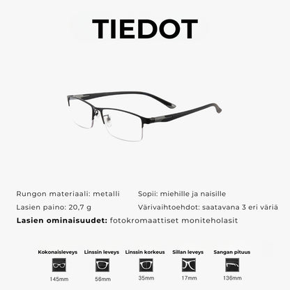 Monitehoiset fotokromaattiset lukulasit – ultrakevyet metalliset puolikehykset