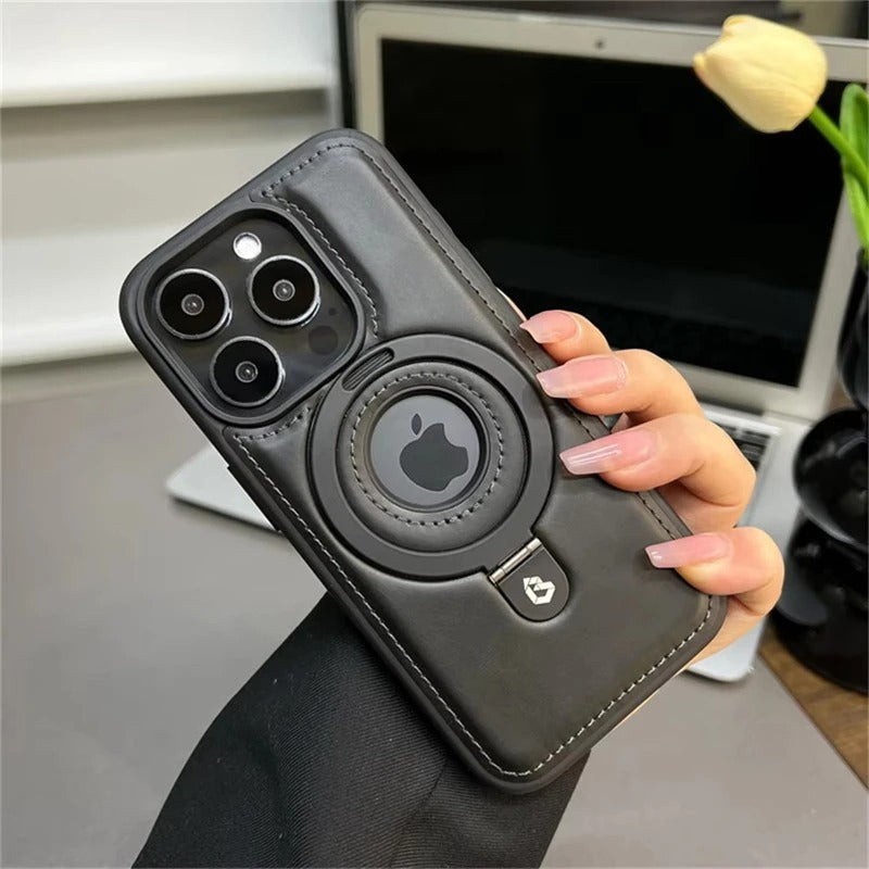 Ylellinen nahkainen iPhone -suojakuori integroidulla telineellä